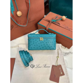 Loro Piana Women's Extra Ostrich Pocket Bag / Lake Blue/Rolled Gold