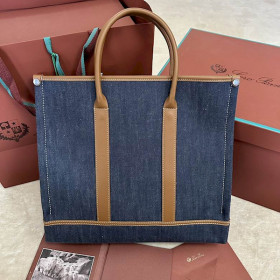 Loro Piana Women's Small Beam Tote / Surge Blue/Wheat Bran