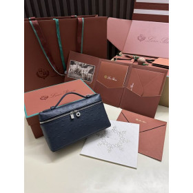 Loro Piana Women's Extra Ostrich Small Pocket Bag / Navy Blue/Rolled Silver