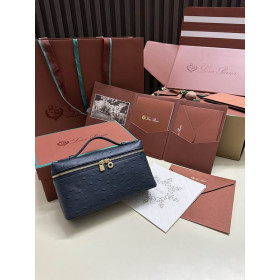 Loro Piana Women's Extra Ostrich Small Pocket Bag / Navy Blue/Rolled Gold