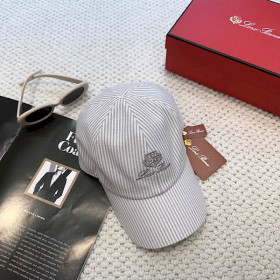 Loro Piana Embroidered Striped Linen Baseball Cap with Elasticated back in grey