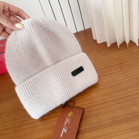 Loro Piana Men's / Women's Fine Rib Knit Blend Beanie with Logo Tag in light beige