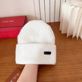 Loro Piana Men's / Women's Fine Rib Knit Blend Beanie with Logo Tag in white