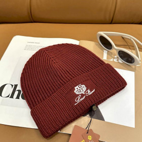 Loro Piana Men's / Women's Ribbed Knit Beanie with White Featuring Logo Detail in Burgundy