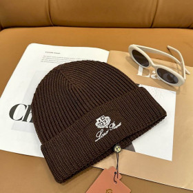 Loro Piana Men's / Women's Ribbed Knit Beanie with White Featuring Logo Detail in Dark Brown