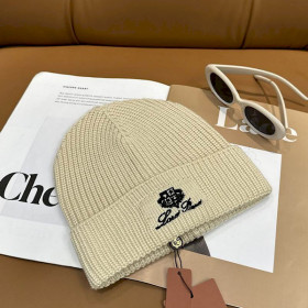 Loro Piana Men's / Women's Ribbed Knit Beanie with black Featuring Logo Detail in beige