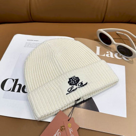 Loro Piana Men's / Women's Ribbed Knit Beanie with black Featuring Logo Detail in white