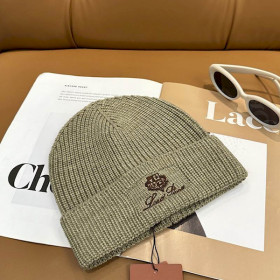 Loro Piana Men's / Women's Ribbed Knit Beanie with dark brown Featuring Logo Detail in army green