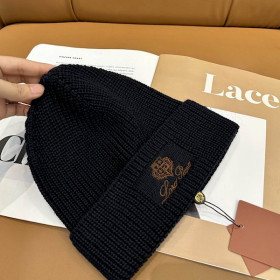 Loro Piana Men's / Women's Ribbed Knit Beanie with dark brown Featuring Logo Detail in black
