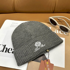 Loro Piana Men's / Women's Ribbed Knit Beanie with dark brown Featuring Logo Detail in gray