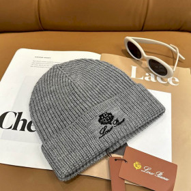 Loro Piana Men's / Women's Ribbed Knit Beanie with dark brown Featuring Logo Detail in light gray