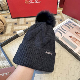 Loro Piana Women's Cashmere Chunky Cable Knit Beanie with Pom-Pom in Black
