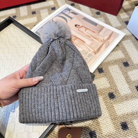Loro Piana Women's Cashmere Chunky Cable Knit Beanie with Pom-Pom in Gray