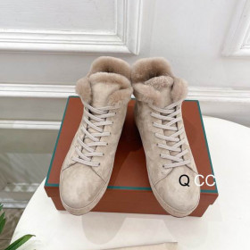 Loro Piana Women's Fleece-l/ed High-Top Suede Sneakers / Apricot