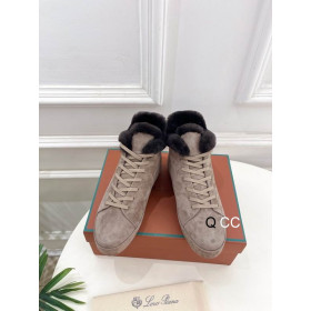Loro Piana Women's Fleece-l/ed High-Top Suede Sneakers / Khaki