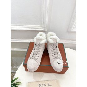 Loro Piana Women's Fleece-l/ed High-Top Suede Sneakers / White